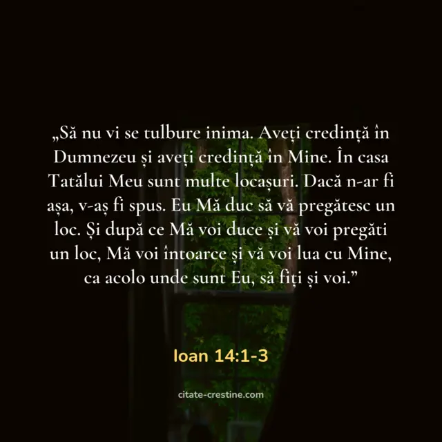 „Să nu vi se tulbure inima. Aveți credință în Dumnezeu și aveți credință în Mine. În casa Tatălui Meu sunt multe locașuri. Dacă n-ar fi așa, v-aș fi spus. Eu Mă duc să vă pregătesc un loc. Și după ce Mă voi duce și vă voi pregăti un loc, Mă voi întoarce și vă voi lua cu Mine, ca acolo unde sunt Eu, să fiți și voi.” — Ioan 14:1-3