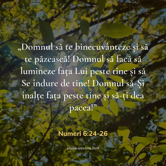 „„Domnul să te binecuvânteze și să te păzească! Domnul să facă să lumineze fața Lui peste tine și să Se îndure de tine! Domnul să-Și înalțe fața peste tine și să-ți dea pacea!”” — Numeri 6:24-26
