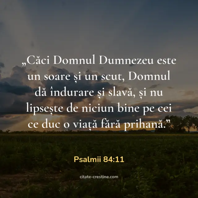 „Căci Domnul Dumnezeu este un soare și un scut, Domnul dă îndurare și slavă, și nu lipsește de niciun bine pe cei ce duc o viață fără prihană.” — Psalmii 84:11